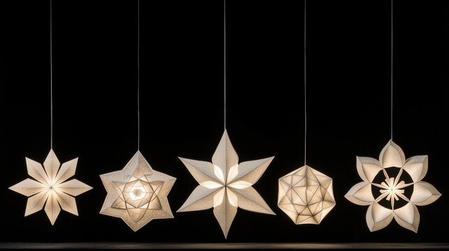 A series of five paper lanterns, each with a unique design, suspended from the ceiling against a black background.
