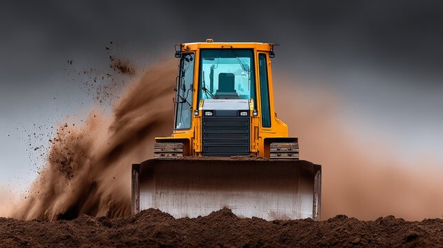 Yellow bulldozer moving dirt and debris on a construction site, with clouds of dust and soil being displaced in the background under a dramatic sky