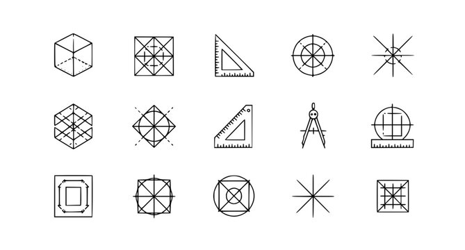 Geometric creativity line icons set with drafting tools minimalist thin stroke vector collection
