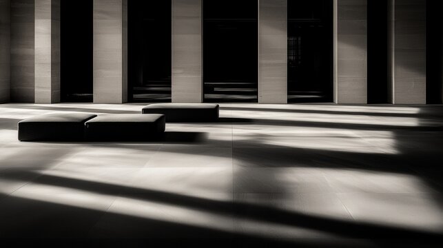 Monochrome Interior: A minimalist black and white room with a geometric floor pattern and two black ottomans.