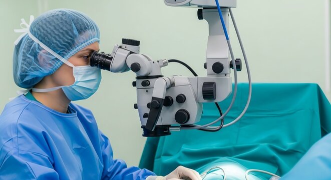 Surgeon using microscope in operating room with microscope, operation