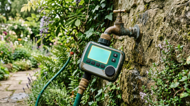 Automatic garden water timer attached to an outdoor faucet in a lush garden setting