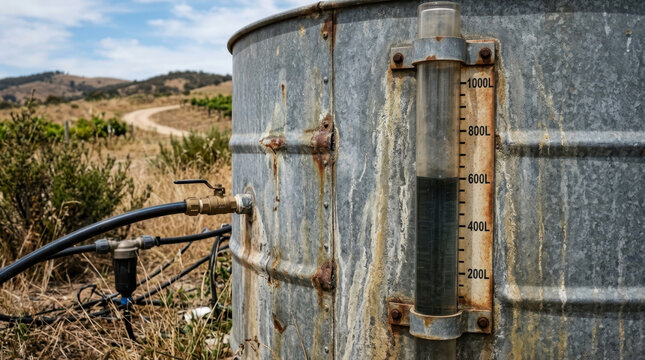 Water storage tank with external level gauge in a rural vineyard landscape