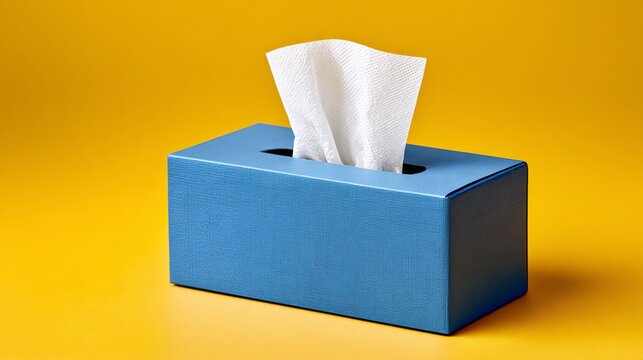 Blue tissue box with white tissues protruding on a bright yellow background, showcasing a clean and modern design suitable for home or office use