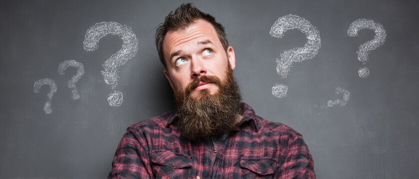 Curious man beard question mark doubt confusion thinking choice problem curiosity decision on gray background