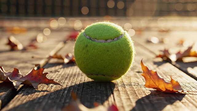 A vibrant green tennis ball rests on a weathered wooden surface surrounded by fallen autumn leaves, bathed in warm sunlight.