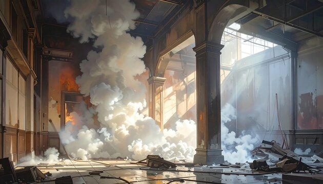A dilapidated industrial building with smoke and debris scattered throughout