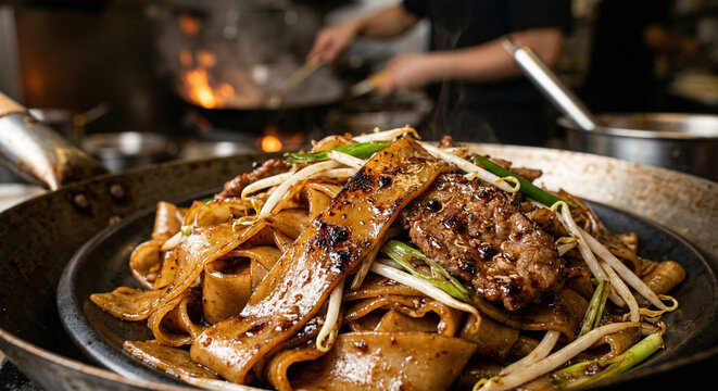A professional macro product shot focusing on the glistening, caramelized coating on wide, flat rice noodles from a dish of Beef Ho Fun (乾炒牛河). The noodles show light charring 