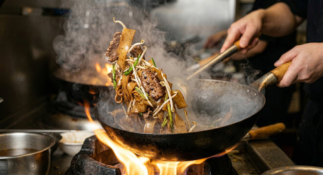 A dynamic product shot capturing Beef Ho Fun (乾炒牛河) mid-air as it is tossed in a smoking carbon steel wok by a chef. The wide rice noodles, tender seared beef, bean sprouts, 