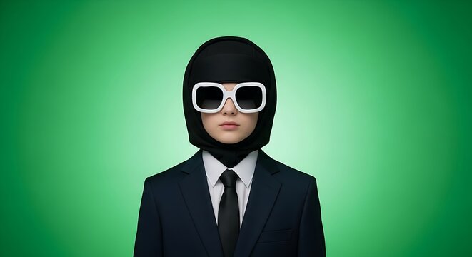 Business person in formal suit wearing retro style protective helmet and glasses
