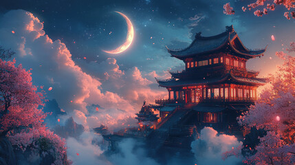 Obraz premium Traditional Asian temple complex illuminated at night. Featuring a prominent pagoda and abundant pink cherry blossoms. Creating a mystical dreamlike scene