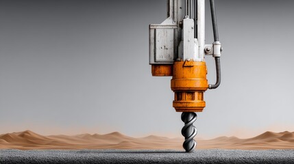 Obraz premium Industrial drilling machine with spiral drill bit positioned above a textured surface in a barren landscape, showcasing advanced technology and engineering design