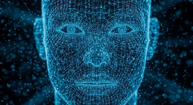 Blue wireframe mesh human face with glowing lines and dots on dark background