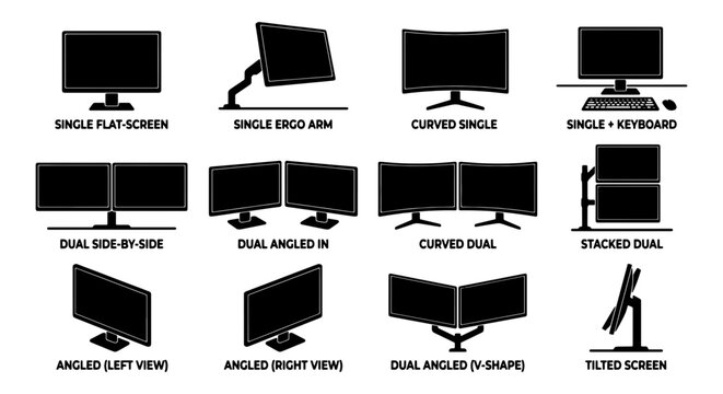 Computer monitor setup icons, 12 desktop screen configurations in black silhouette, dual display and curved monitor vector set for office workspace
