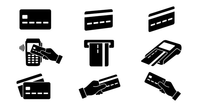 Credit card icon set for banking and finance, 9 black vector elements for payment processing, hand holding card and pos terminal symbols