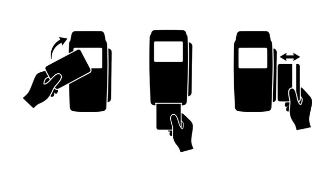 Contactless payment terminal icons, credit card reader machine silhouettes, hand swiping and inserting card for retail checkout transactions