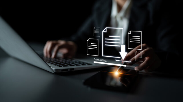 Visual representation of digital document downloading, showing file transfer, data access, and progress status for secure and efficient information retrieval Latch