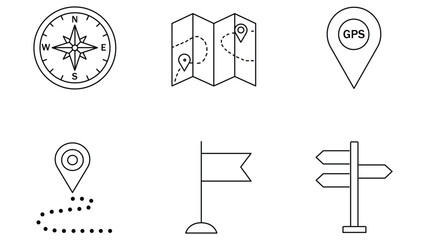 Fototapeta premium Set of travel icons for hiking outing map direction compass essentials for travelling navigation