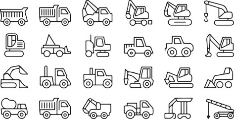 Fototapeta premium A large collection of various construction vehicles in outline style including trucks and excavators
