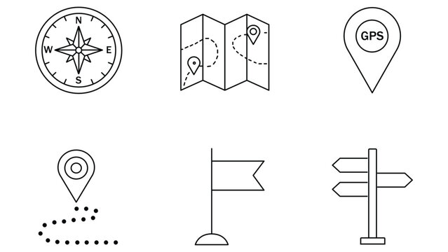 Set of travel icons for hiking outing map direction compass essentials for travelling navigation