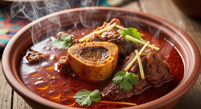 Steaming bowl of nalli nihari with bone marrow and herbs