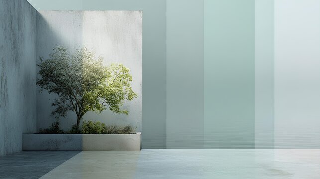 Serene Interior and Green Tree: An elegant and simple room interior that's beautifully bathed in the soft glow of sunlight, features a minimalist design with a living tree.