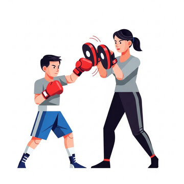 Young boy practicing boxing with female trainer in gym setting  