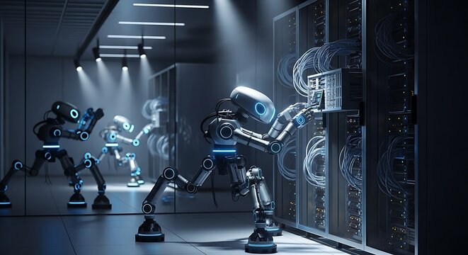 Futuristic cybernetic robots maintaining a large server data center
