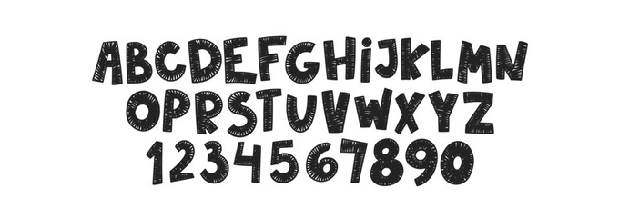 Obraz premium Funky children font, cartoon kids alphabet with crayon, pastel or chalk texture. Vector black handdrawn numbers and letters.