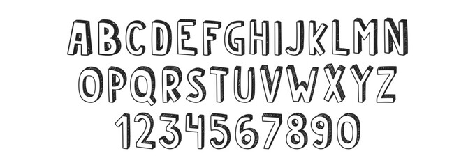 Obraz premium Doodle 3d children font, cartoon kids alphabet with crayon, pastel or chalk texture. Vector black handdrawn numbers and letters.