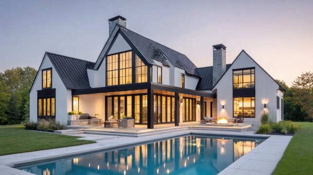 Modern farmhouse luxury home with swimming pool and outdoor fireplace at dusk