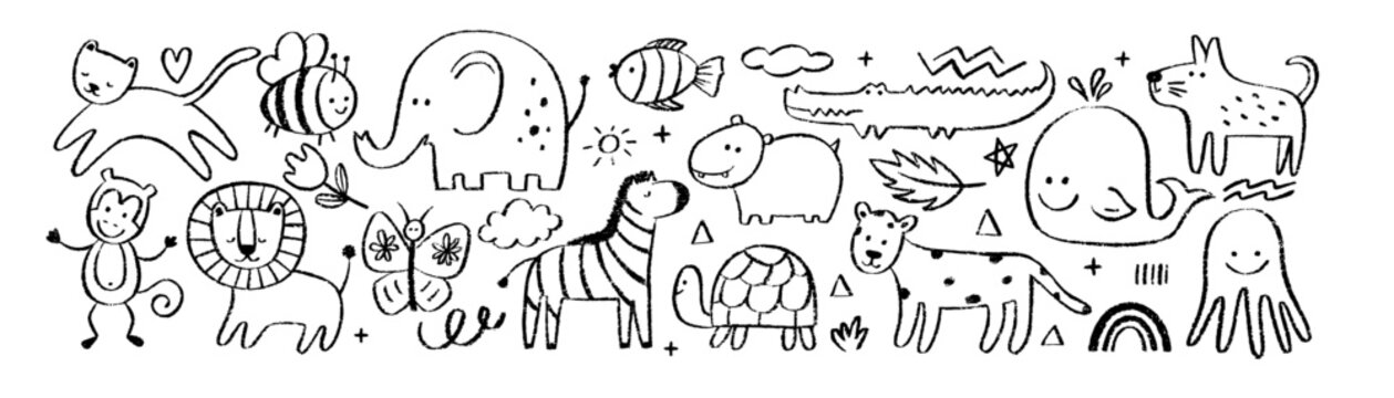 Set of cute animals with organic texture of crayon, chalk or pastel . Lion, elephant, monkey, octopus. Black vector illustration on a white background.