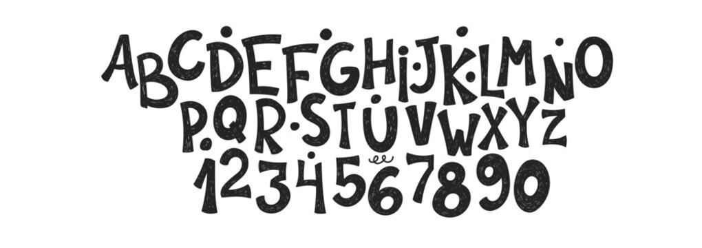 Doodle children font, cartoon kids alphabet with crayon, pastel or chalk texture. Vector handdrawn numbers, letters and dots.