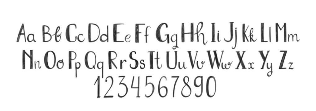 Funky children font, cartoon kids alphabet with crayon, marker or chalk texture. Vector black handdrawn numbers and letters.