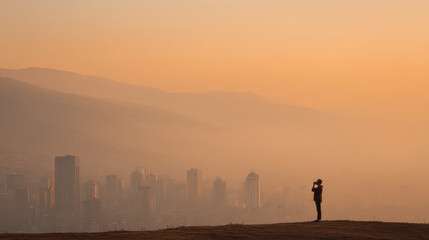 Fototapeta premium man gracefully embodies tree pose against backdrop of breathtaking sunset
