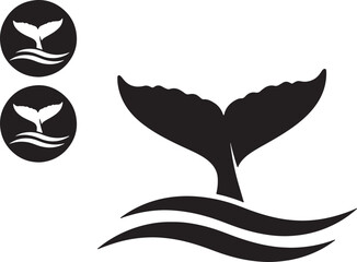 Black whale tail silhouette diving into stylized waves, with two circular of the same also transparent background © Pixel With MH