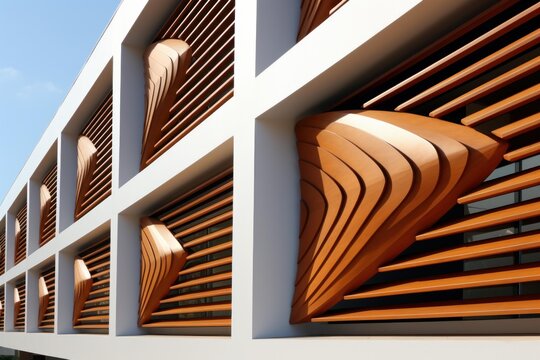 Building facade featuring modern architectural design with abstract wooden louvers shading windows