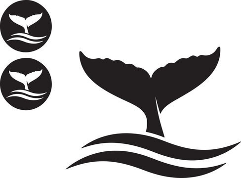 Black whale tail silhouette diving into stylized waves, with two circular of the same also transparent background