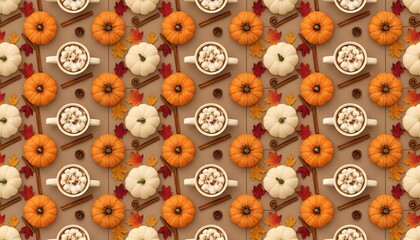 Fototapeta premium Autumnal Background with Pumpkins, Hot Chocolate, and Cinnamon Sticks
