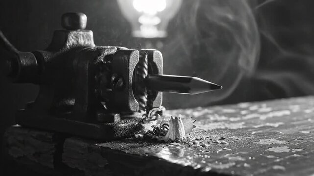 Black and white close up of a vintage pencil sharpener in use with shavings and a blurred lightbulb