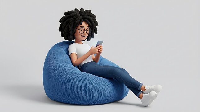 3D illustration of a young woman sitting on a beanbag chair using a smartphone