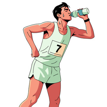 Runner hydrates during the Boston Marathon. A male athlete in a racing singlet takes a drink of water, focused and determined. Clean, modern illustration style.