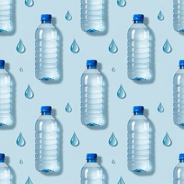 Plastic Water Bottle and Water Drop Seamless Pattern on Blue Hydration Background Beverage Design