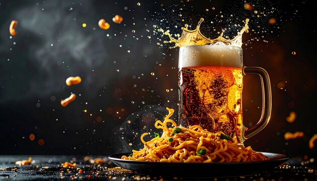 無重力空間で浮かぶビールと焼きそば動き素材