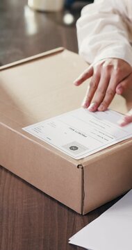Packaging, label or hands with box in office, priority shipping or mailing address for distribution. Preparation process, courier info or person with postage sticker for order, parcel or supply chain