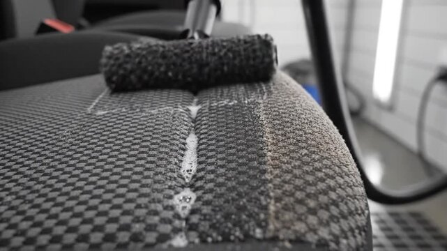 Detailing car seat using a cleaning tool with a roller brush for deep cleaning and stain removal