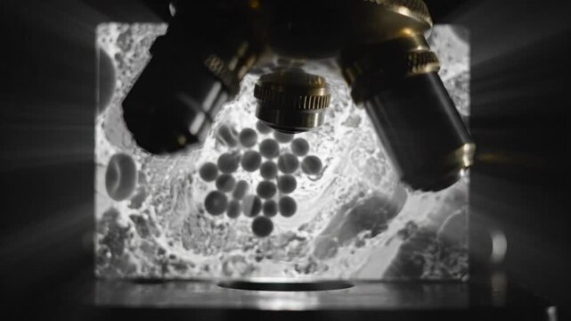 Microscope lens views illuminated blood sample with red and dark cell structures for medical or scientific research