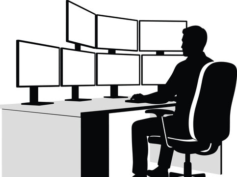 Silhouette of professional worker at modern control center desk with multiple computer monitors for surveillance, data analysis, operations monitoring workspace