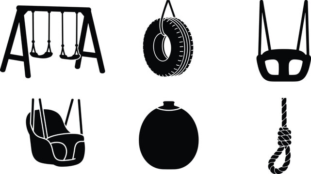 Playground equipment silhouette vector icon set featuring swing set tire swing baby swing playground seat punching bag and hanging rope isolated on white background