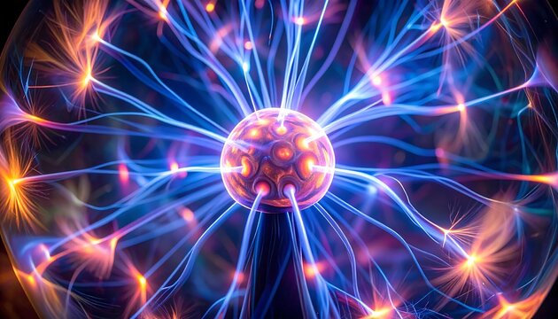 A glowing purple orb emitting vibrant blue and orange plasma